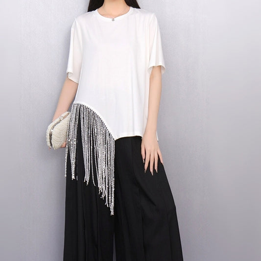 2025 summer new women's T-shirt loose large size tassel short-sleeved top fashionable comfortable and soft material SAM655