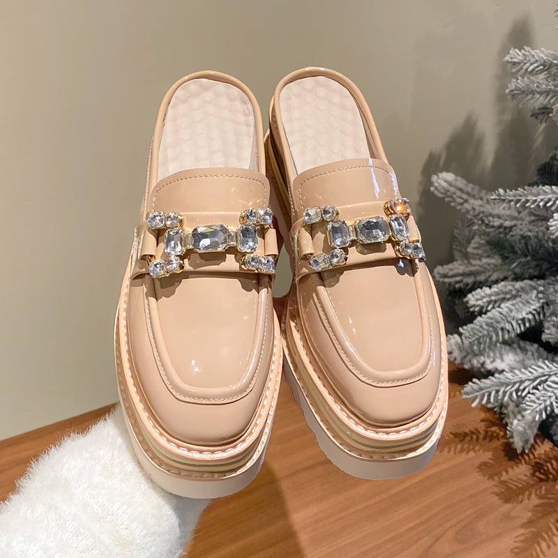 High-heeled heeled leather sandals for women, thick-soled rhinestones, half-slippers, sponge cake, small, no heels, back open oxford shoes SAM661