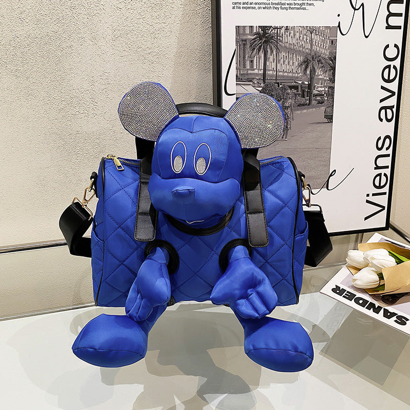 Unique Black Quilted Bag with Plush cartoon with rhinestone ears SAM90