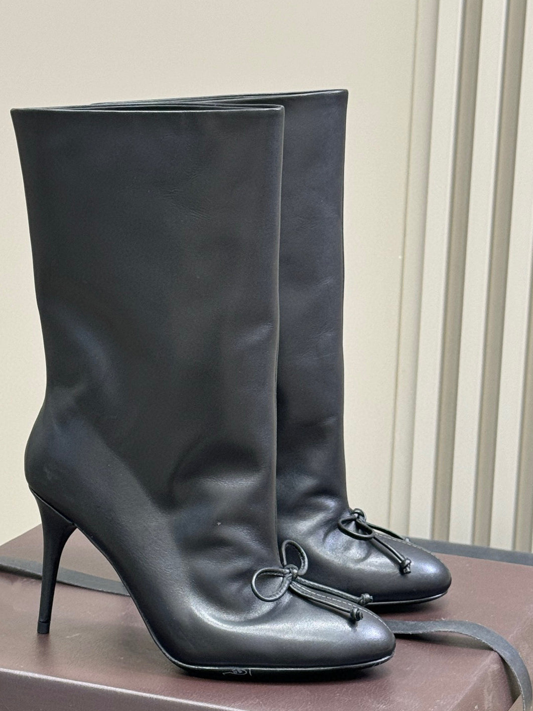 2025 Collection: Luxe Leather & Suede Mid-Calf Boots with Signature Bow Detail SAM764