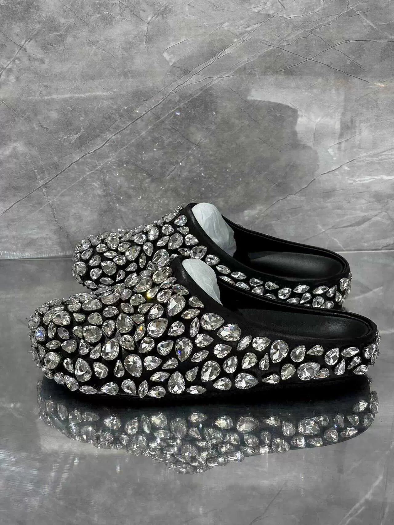 SFH Silver rhinestone shoes, Baotou French half slippers for women, square toe mule shoes, shiny half toe slippers