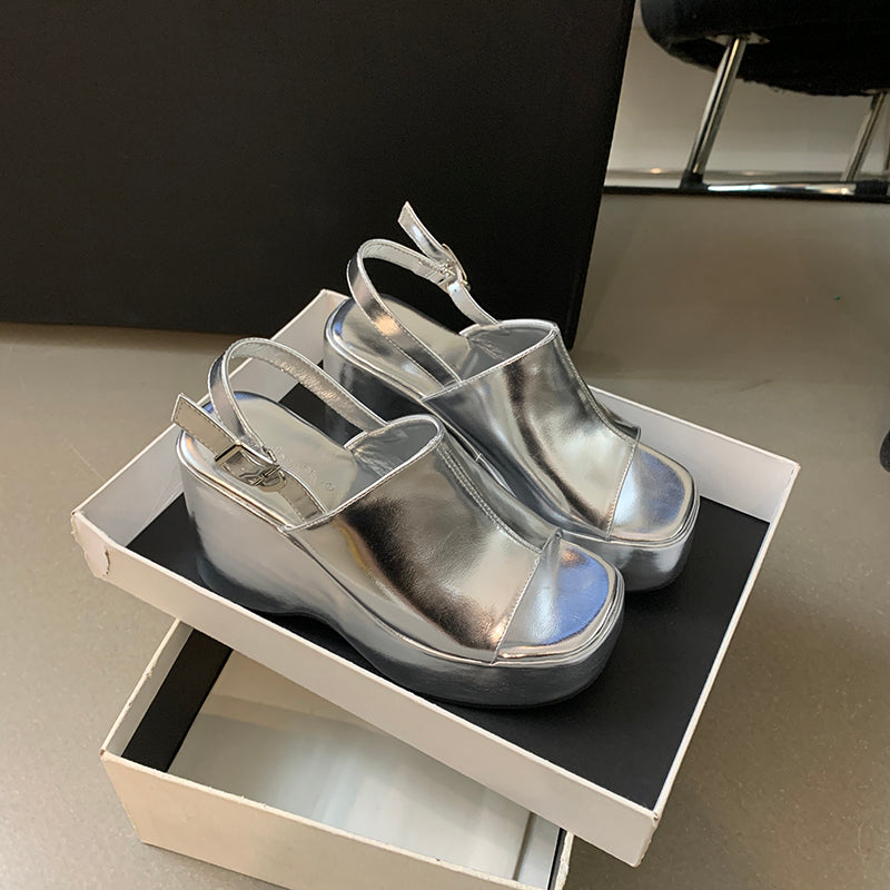 platform buckle strap thick-soled fish mouth sandals summer new thick-soled wedge Roman shoes high heels