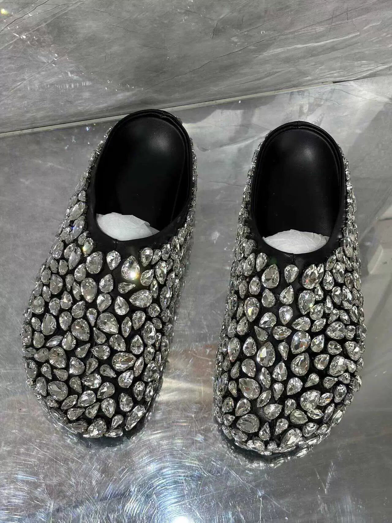 SFH Silver rhinestone shoes, Baotou French half slippers for women, square toe mule shoes, shiny half toe slippers