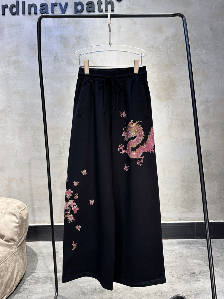 Samysfashionhouse style light luxury hot diamond T-shirt female advanced dragon pattern heavy wide leg pants two-piece suit national style suit SAM7