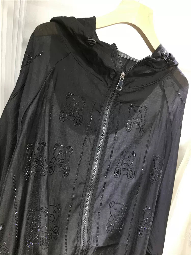 SFH heavy industry hot diamond sun protection shirt women's full diamond bear light breathable oversized jacket women hooded jacket coat