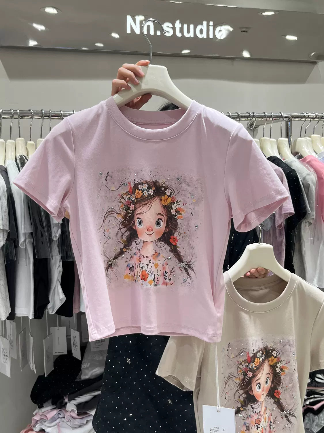 SFH T-Shirt Women's Fashionable Slim Cute Little Girl Graphic rhinestone Printed Right Shoulder Short Top