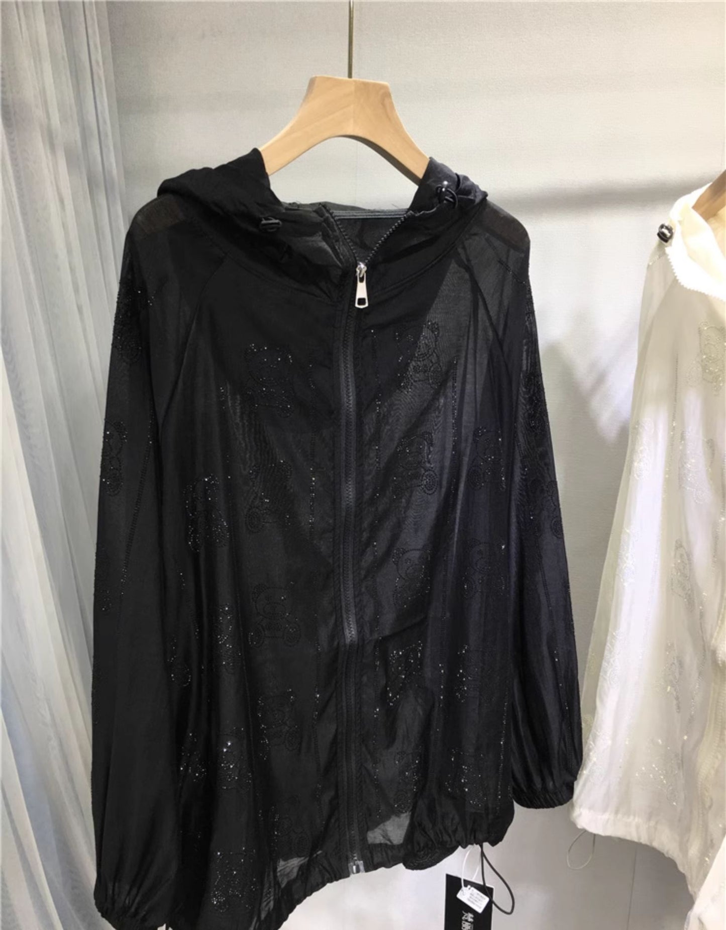 SFH heavy industry hot diamond sun protection shirt women's full diamond bear light breathable oversized jacket women hooded jacket coat