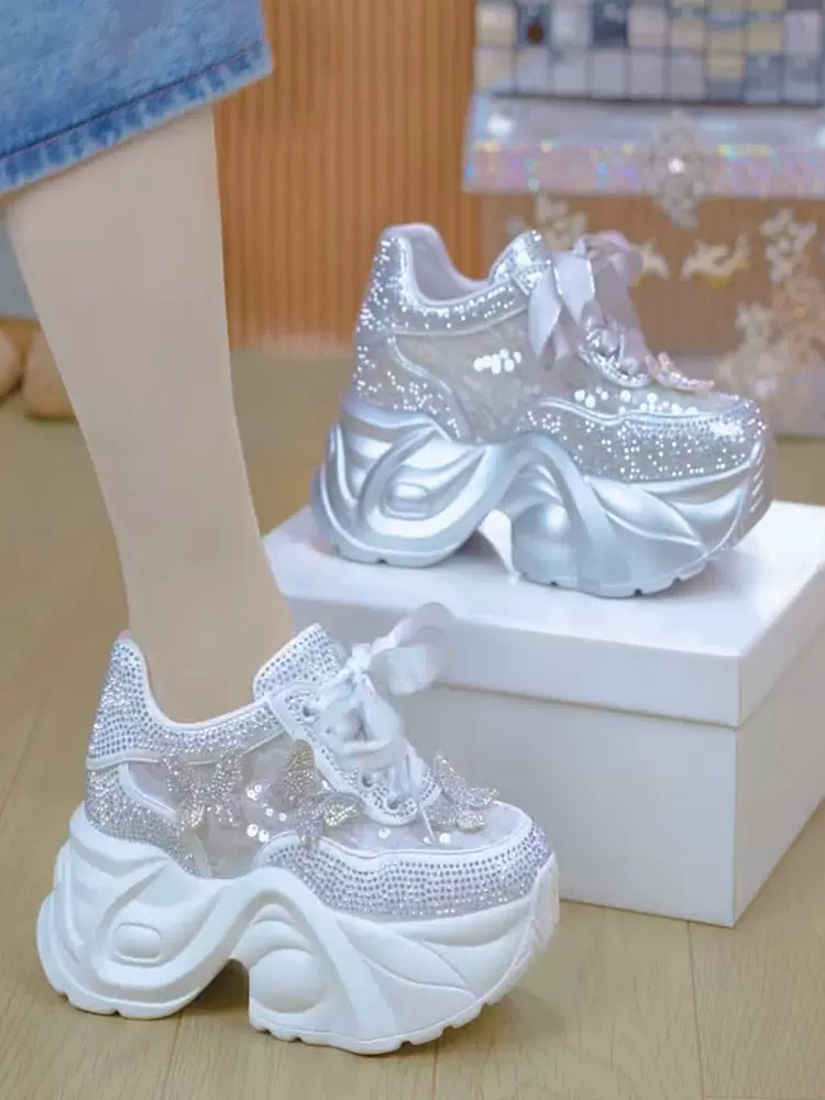SFH 9cm heel small thick-soled butterfly rhinestone dad shoes for women 2024 summer sequins breathable height-enhancing heel height heightening shoe