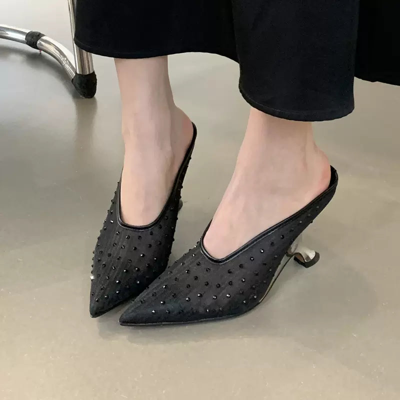 SFH  Purely handmade rhinestone pointed toe toe shoes mesh breathable special shaped high heel half slippers trending heels
