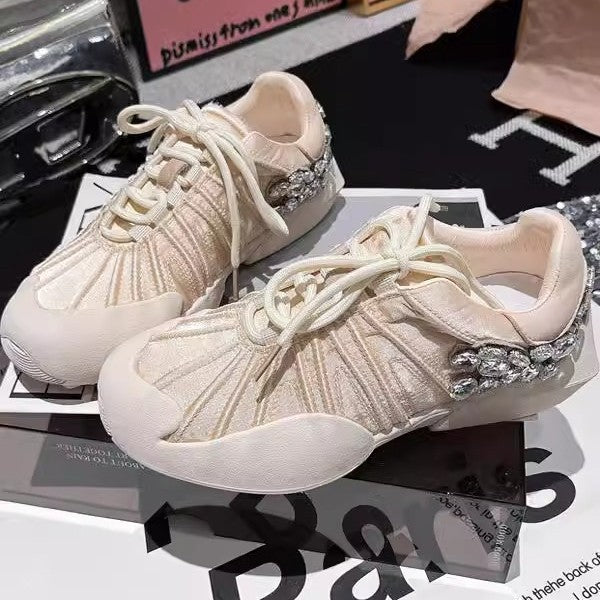 ins super hot rhinestone lace-up niche ballet style casual shoes German training shoes silver heel flat sports women's shoes SAM106