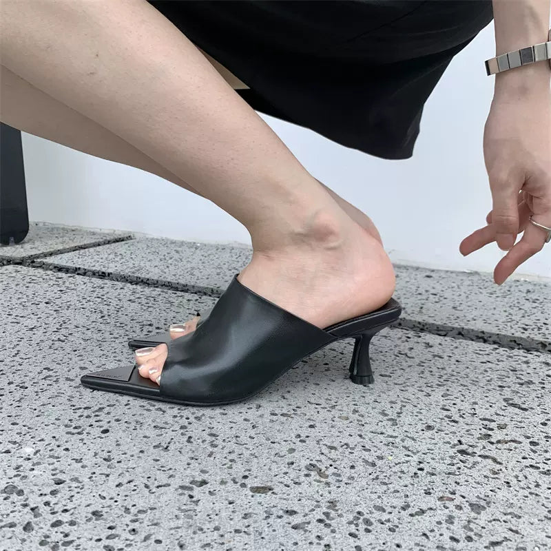 SFH  Summer New Internet Celebrity Fashion Versatile Pointed Open Toe Stiletto Heel Medium Heel Slippers High heel