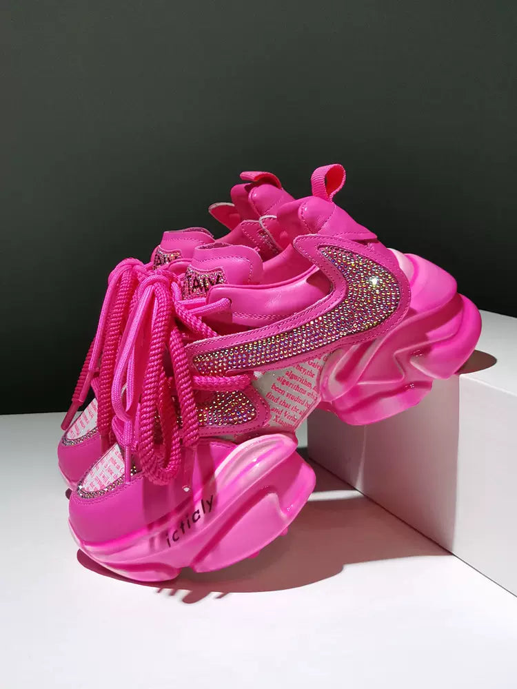 6CM Trendy genuine leather rhinestone jelly thick-soled casual sports dad shoes women'