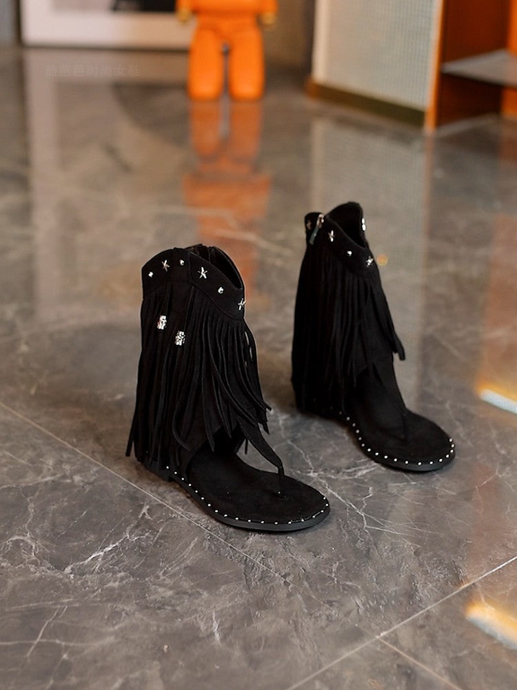 6cm increased height tassel short boots for women 2024 spring and summer new flip-toe sandals side zipper roman shoes