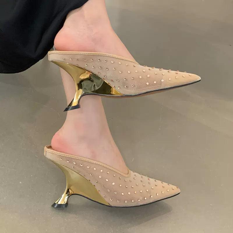 SFH Purely handmade rhinestone pointed toe toe shoes mesh breathable special shaped high heel half slippers trending heels