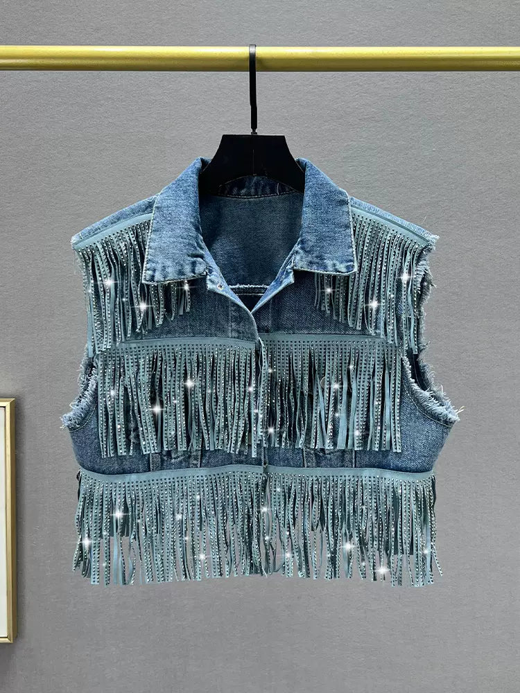 Heavy-duty tassel hot diamond denim vest jacket for women  new loose slim sleeveless jacket