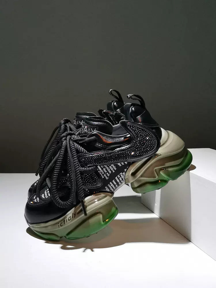 6CM Trendy genuine leather rhinestone jelly thick-soled casual sports dad shoes women'