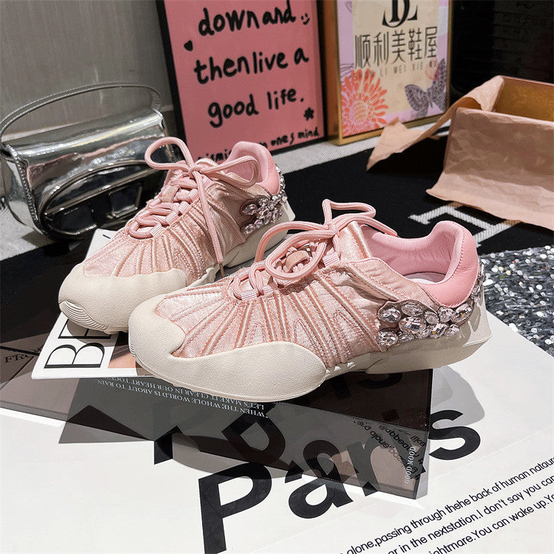 ins super hot rhinestone lace-up niche ballet style casual shoes German training shoes silver heel flat sports women's shoes SAM106