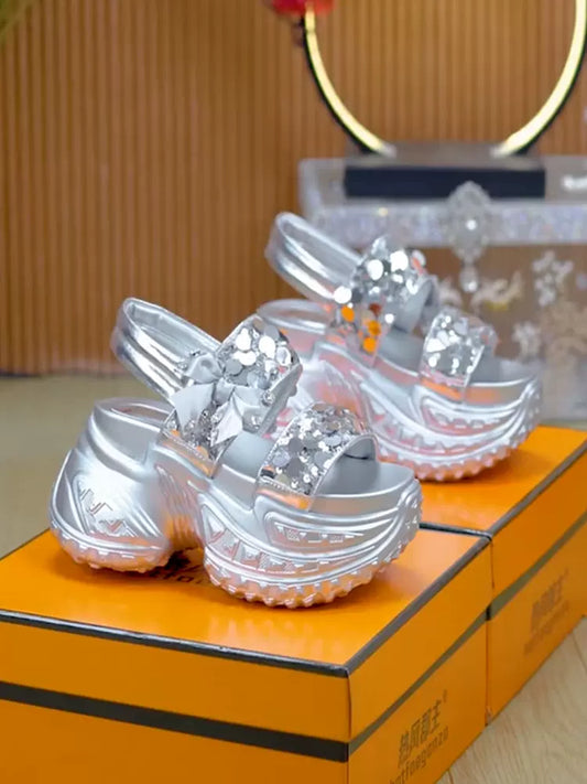 SFH 8cm small thick-soled sequined sandals for women to wear outdoors 2024 summer versatile bowknot rhinestone Roman sandals SAM11