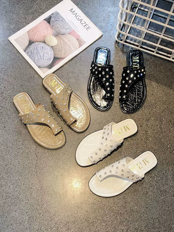 SFH fashionable thong toe casual flat sandals for women's summer outer wear 2024 new side hollow rhinesstones