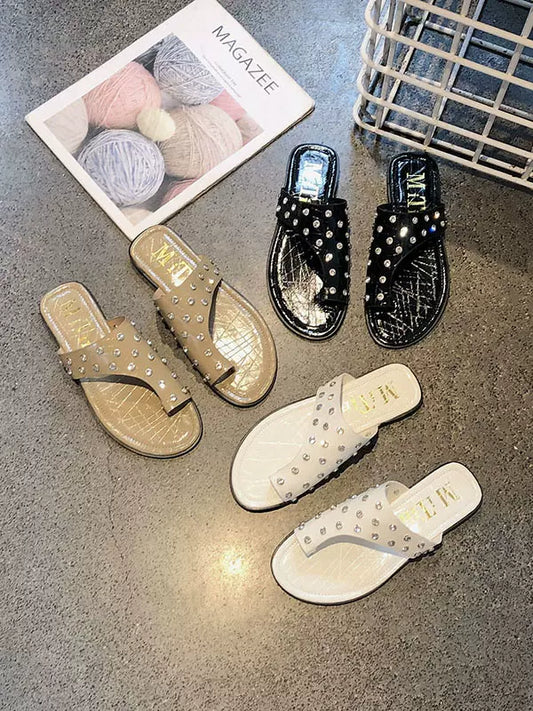 SFH fashionable thong toe casual flat sandals for women's summer outer wear 2024 new side hollow rhinesstones