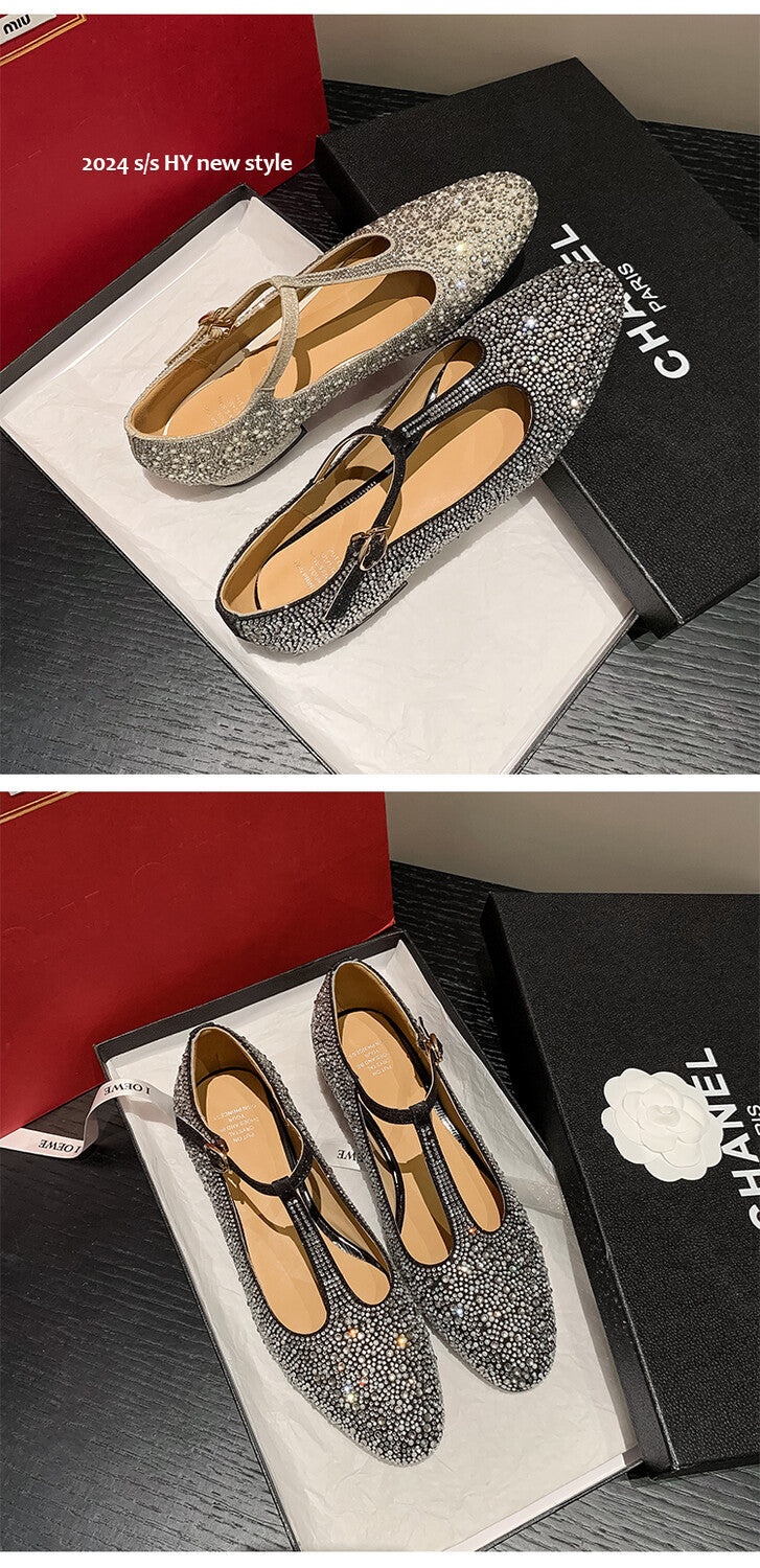 Fairy style fashion Samys fashion house shoes for women T-strap full diamond low-heeled flat shoes for women rhinestone fairy style