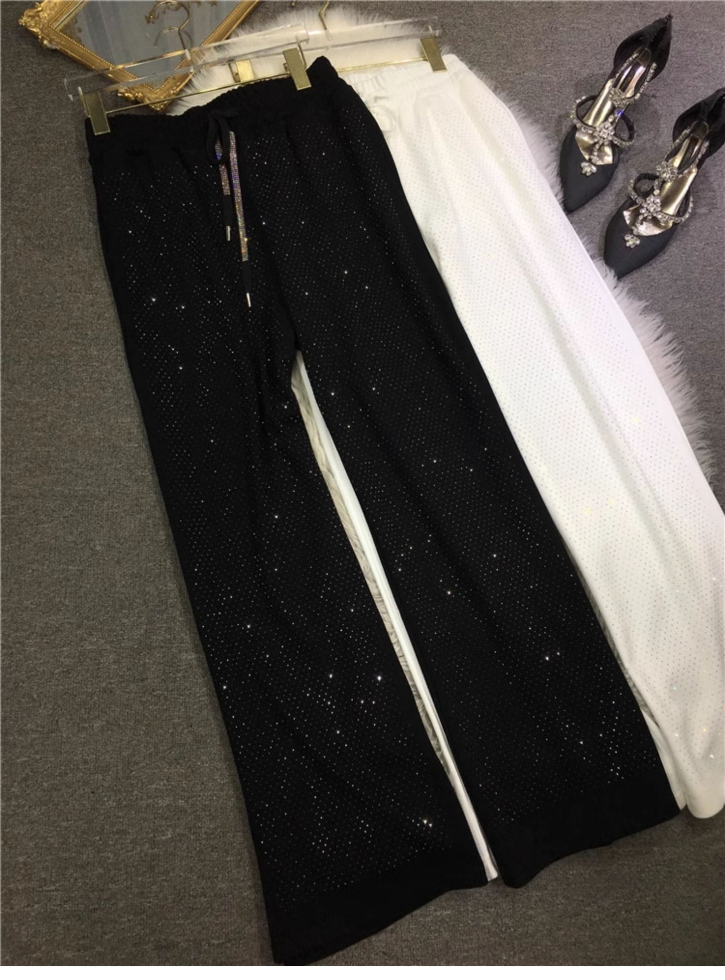 Samysfashionhouse plus size pants heavy-duty hot diamond wide-leg pants for women,  black large size vertical pants, straight-leg trousers pants pajamas SAM24