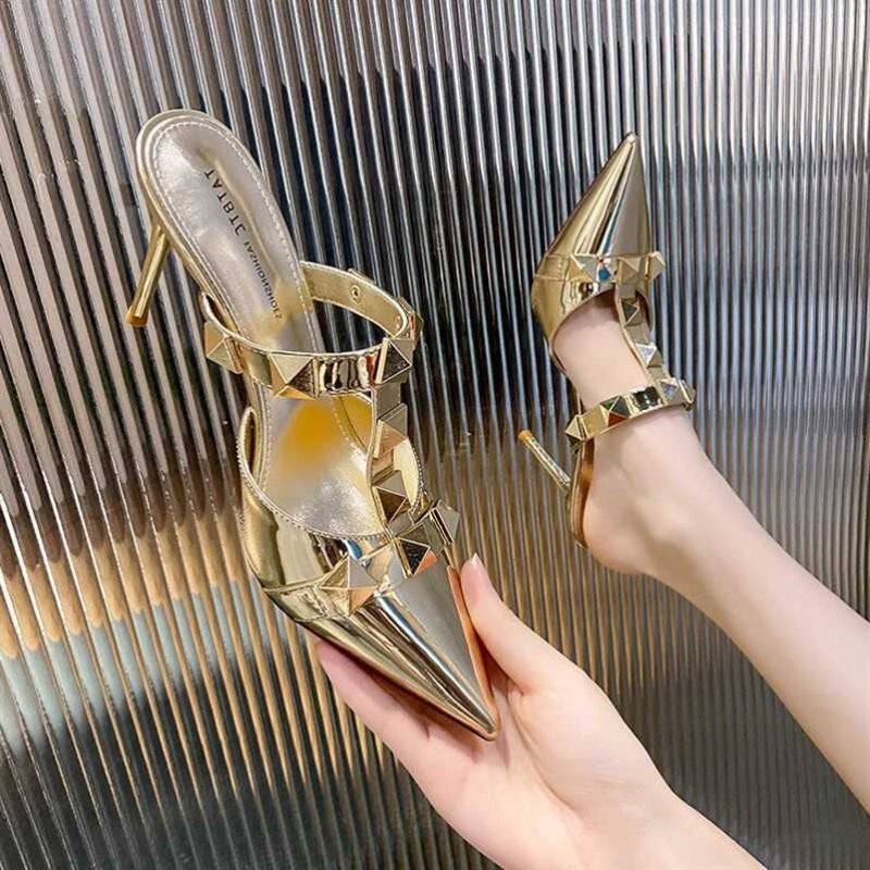 SFH  half-slippers for women, new summer models, pointed toe, outdoor wear, net celebrity fairy-style slippers, high heels, stilettos, rivets heels