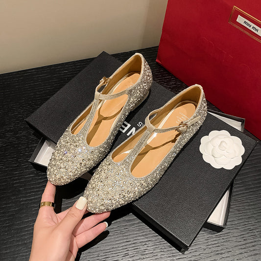 Fairy style fashion Samys fashion house shoes for women T-strap full diamond low-heeled flat shoes for women rhinestone fairy style