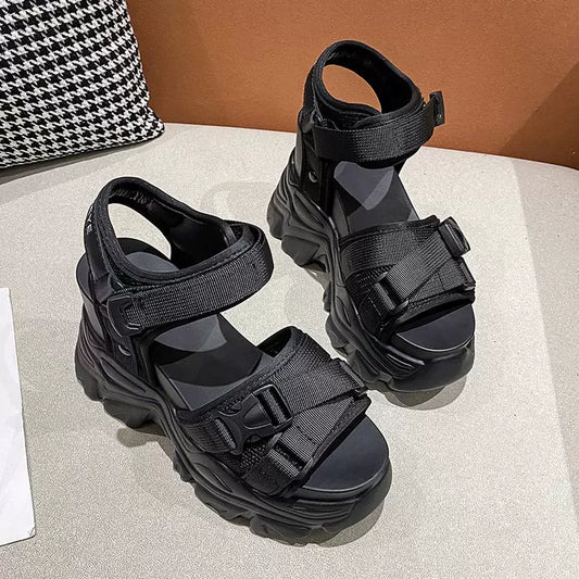 SFH Summer new product thick-soled platform 11 cms sole non-slip round toe open toe women's high-heeled Velcro fashion internet