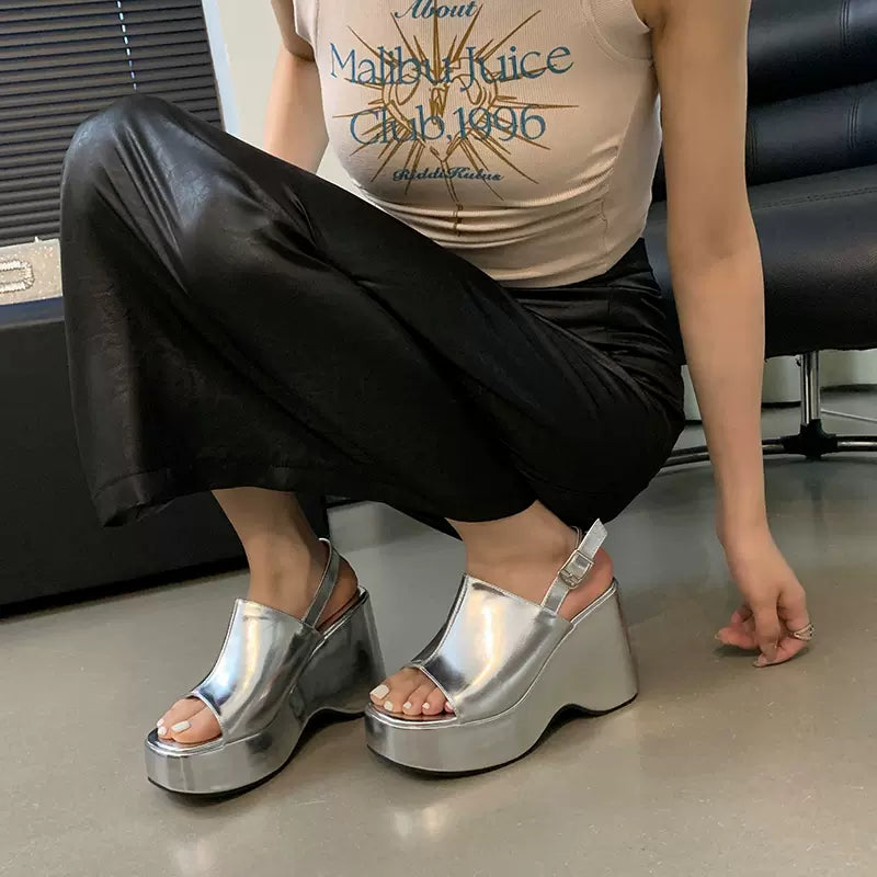 platform buckle strap thick-soled fish mouth sandals summer new thick-soled wedge Roman shoes high heels