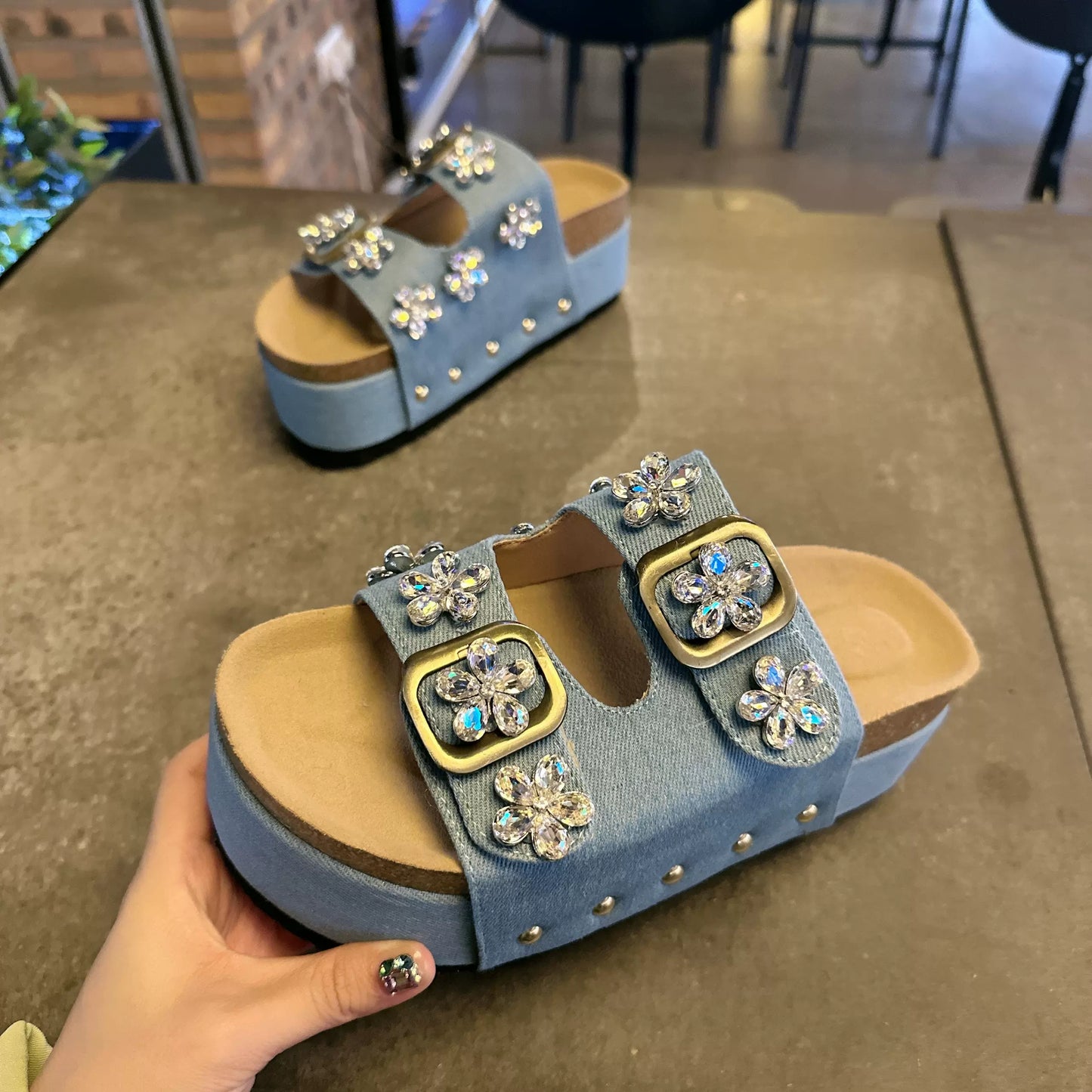 SFH heavy industry rhinestone thick-soled Birkenstock shoes for women summer outer wear half-slippers Birkenstock open-toe wedges
