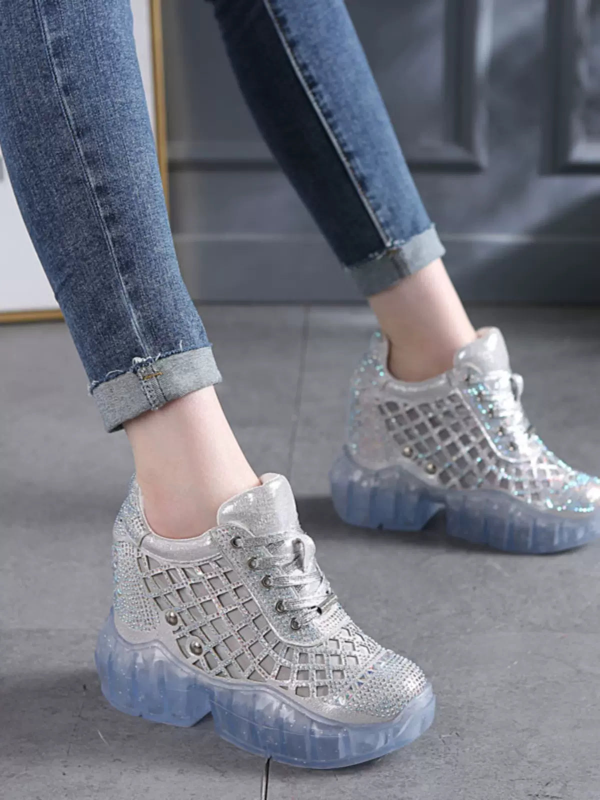 SFH  10cms heel rhinestone inner height increasing women's shoes 2024 new spring and summer heel height shoes casual sports shoes women