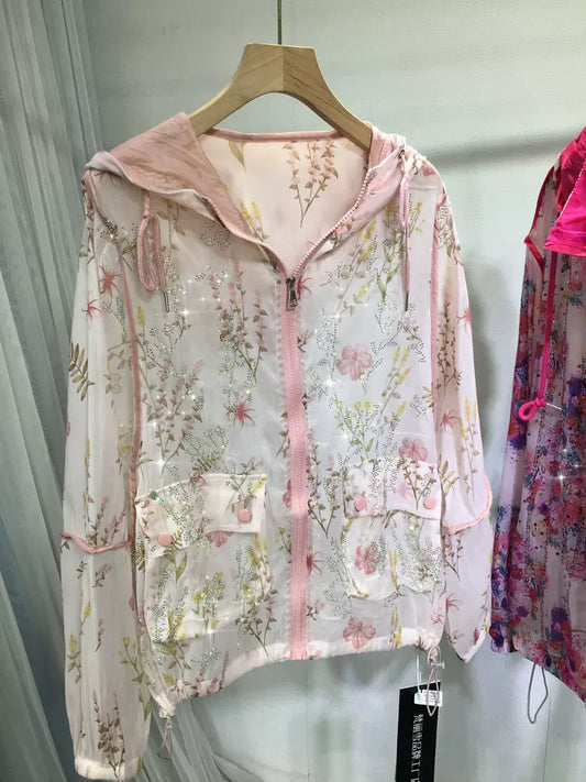 SFH  heavy industry hot diamond summer shirt women's light breathable hooded printed loose jacket SAM12