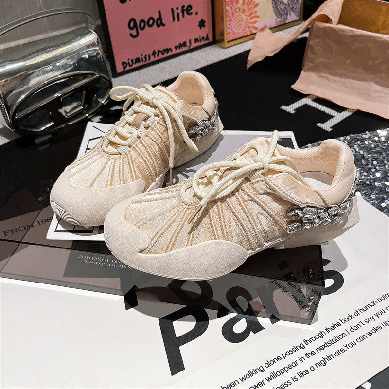 ins super hot rhinestone lace-up niche ballet style casual shoes German training shoes silver heel flat sports women's shoes SAM106