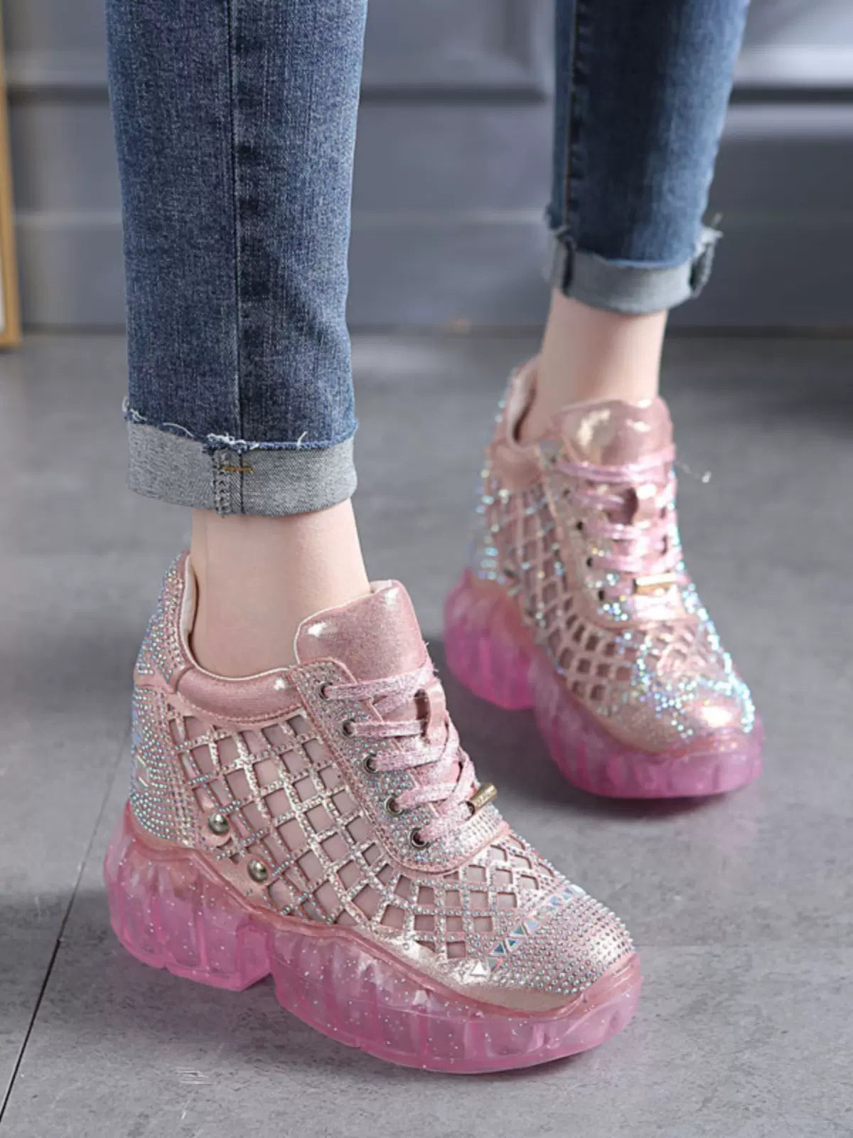 SFH  10cms heel rhinestone inner height increasing women's shoes 2024 new spring and summer heel height shoes casual sports shoes women