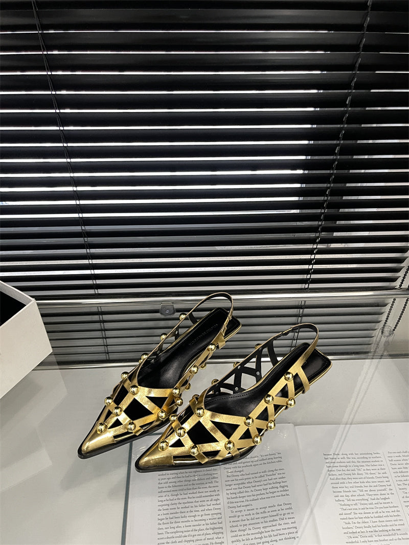 Kitten Heels  style simple niche rivet hollow pointed shallow mouth stiletto back empty closed toe pumps heel belly