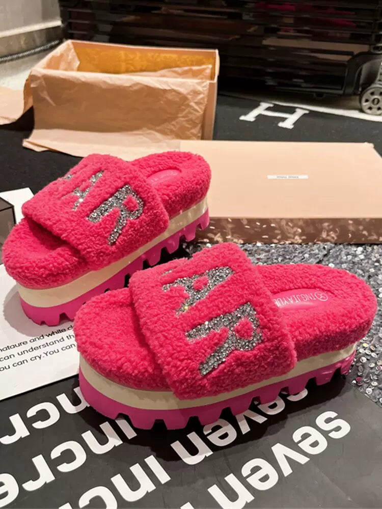 SFH  new rhinestone letter hot-selling sandals for women with outer wear furry shoes slippers for women SAM14