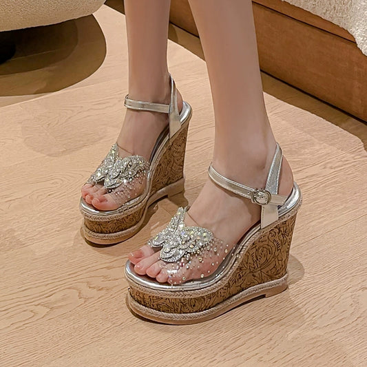 Open-toed thick-soled pine cake fairy sandals 2025 new summer super high heel straw weaving transparent Roman shoes wedges SAM105