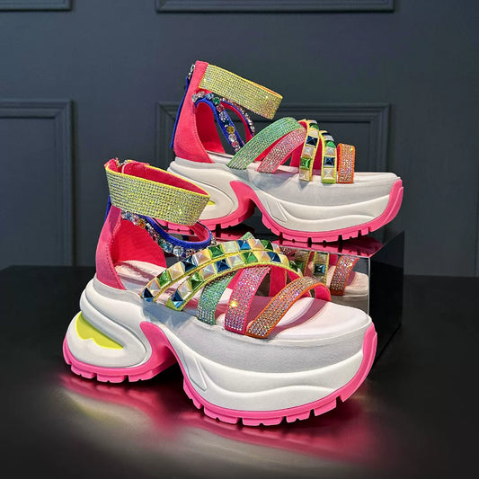 casual sports thick-soled rhinestone sandals for women 2024 summer new outdoor beach heightening sandals genuine leather SAM21