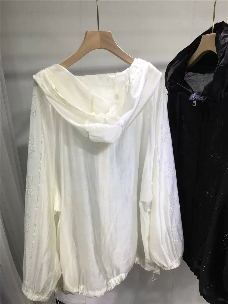 SFH heavy industry hot diamond sun protection shirt women's full diamond bear light breathable oversized jacket women hooded jacket coat