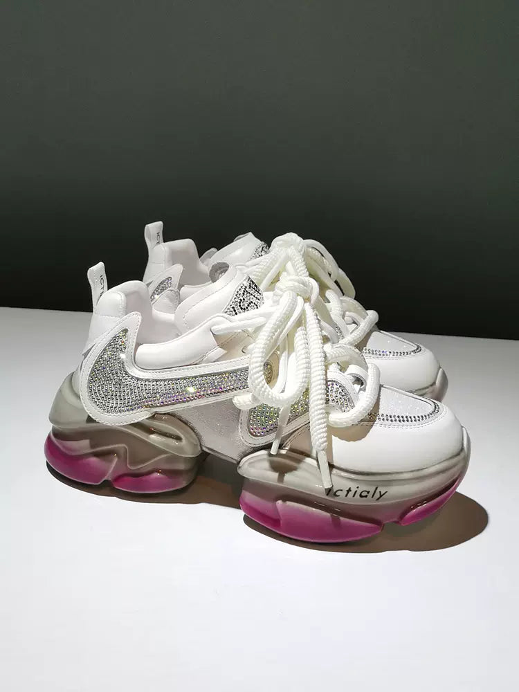 6CM Trendy genuine leather rhinestone jelly thick-soled casual sports dad shoes women'