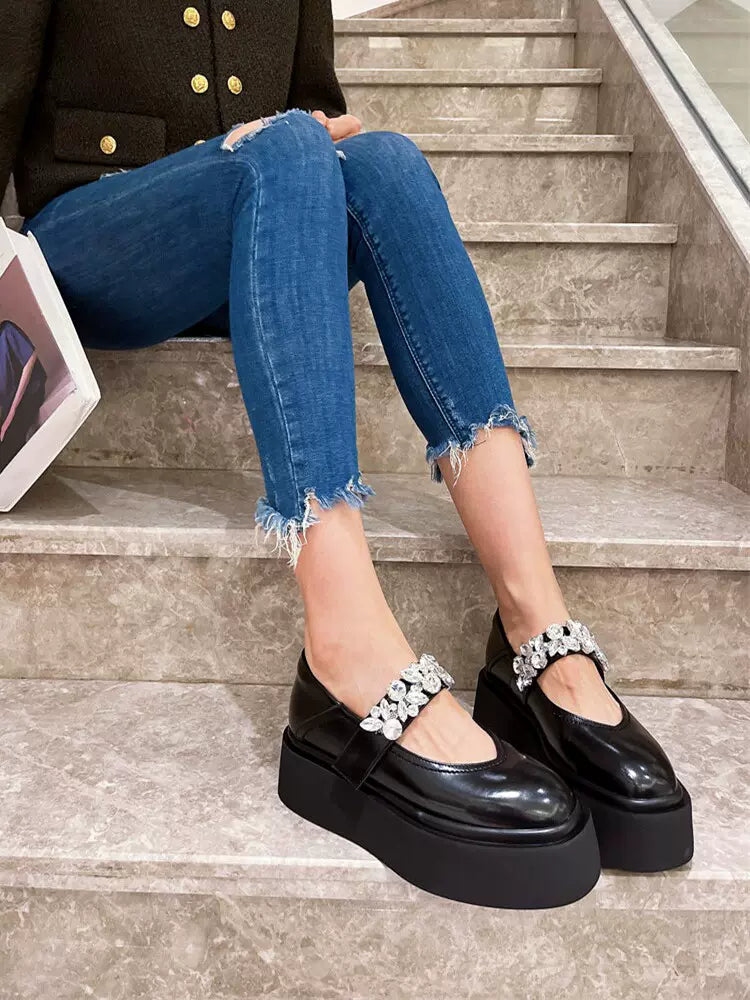 SFH Thick Soled Shallow Mouth Single Shoes for Women Summer New Breathable Fashion Round Toe Velcro Heightening WomEN SHOE