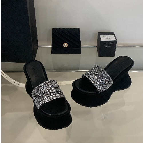 2025 summer new product wedge thick sole heel heightened sexy rhinestone flip flops for women wearing shoes platform shoes SAM666