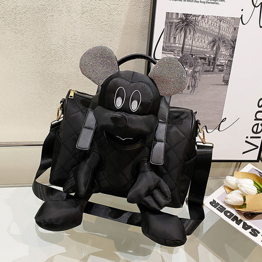 Unique Black Quilted Bag with Plush cartoon with rhinestone ears SAM90