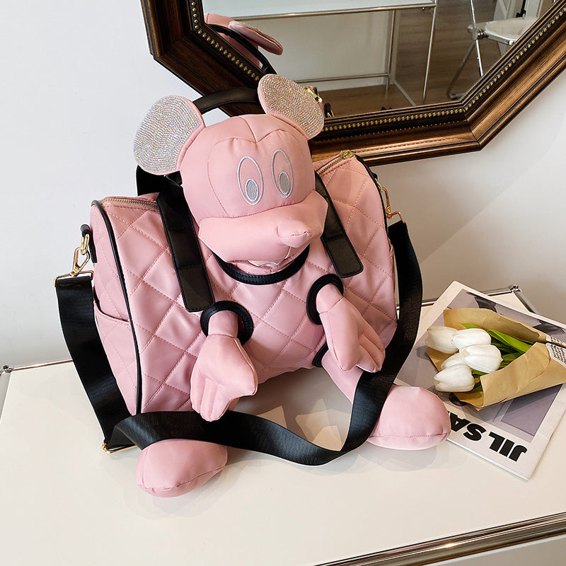 Unique Black Quilted Bag with Plush cartoon with rhinestone ears SAM90