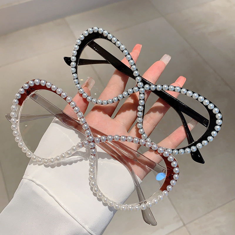 sunglasses goggles shades Style Ins Cat's Eye With Pearl Anti-blue Light Glasses