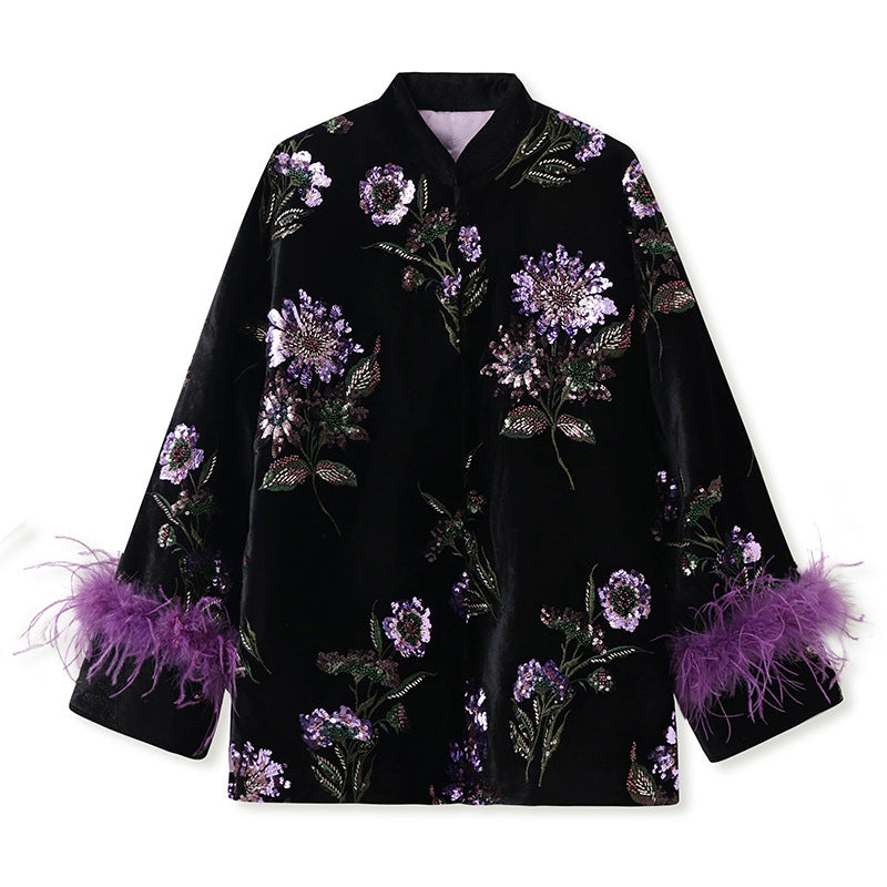 Luxury Floral Sequin and Feather Embellished Black Velvet Jacket SAM902
