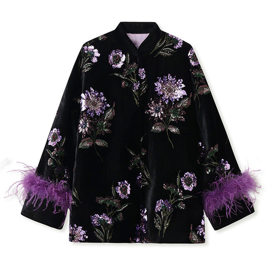 Luxury Floral Sequin and Feather Embellished Black Velvet Jacket SAM902