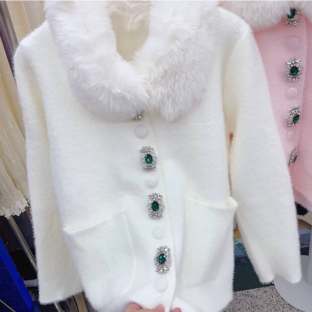 Luxury Faux Fur Collar Cardigan Jacket with Jewel Buttons - White, Pink, Black SAM506