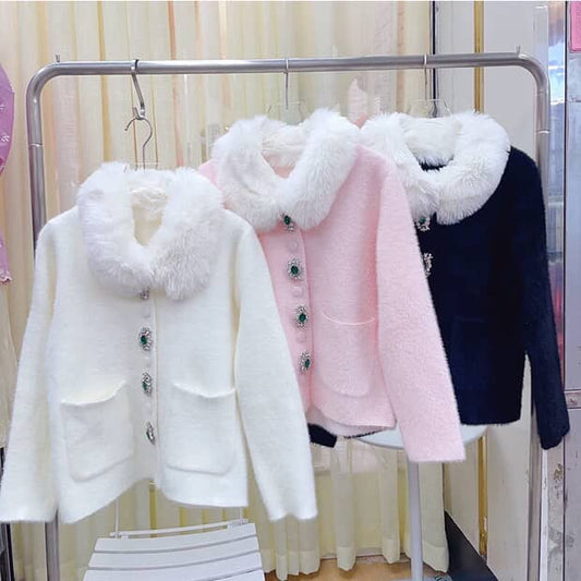 Luxury Faux Fur Collar Cardigan Jacket with Jewel Buttons - White, Pink, Black SAM506